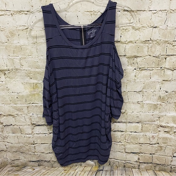 Jessica Simpson Blue Black Striped Ruched Cold Shoulder Top - Picture 1 of 7